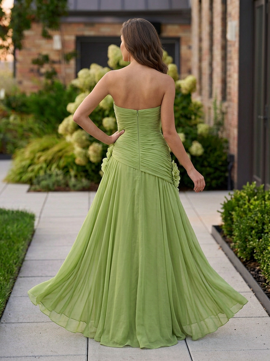 Green Strapless Ruched Chiffon Gown with 3D Florals