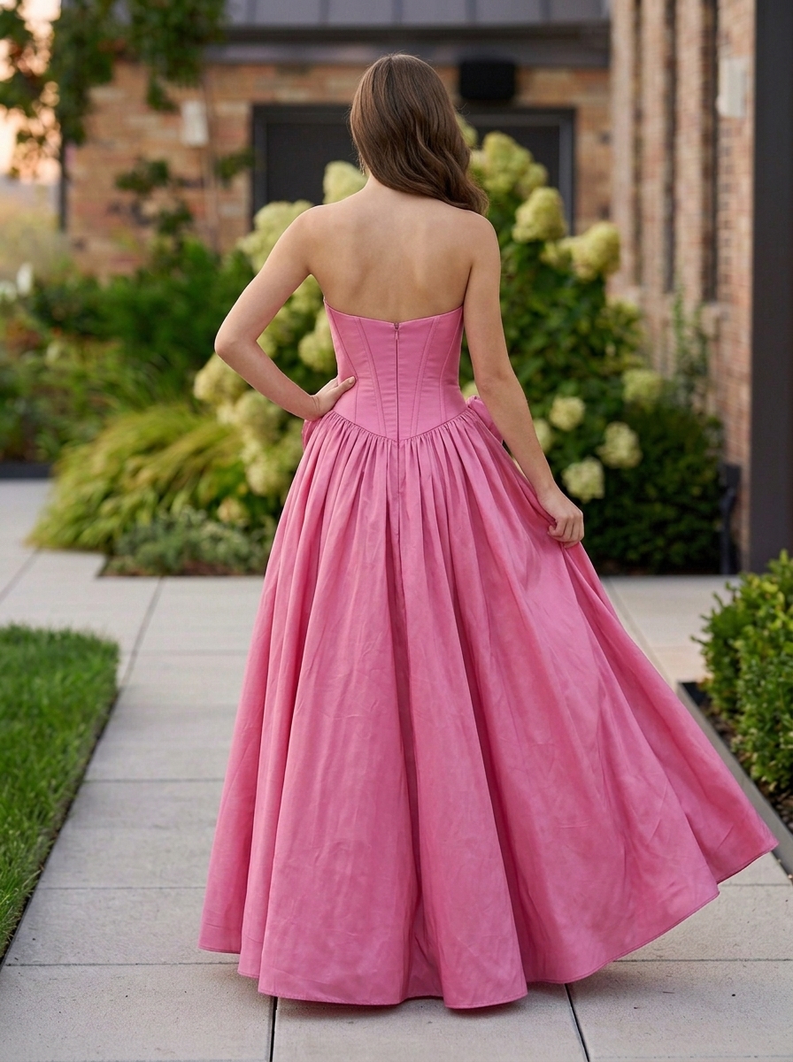 Pink Strapless Corset 3D Floral A-Line Evening Gown