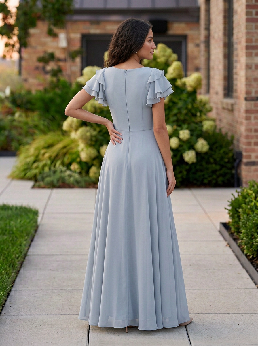 Dusty Blue V-Neck Ruffle Chiffon Long Formal Gown