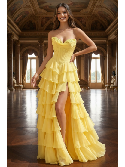Yellow Strapless A-Line Ruffle Long Prom Dress With Split
