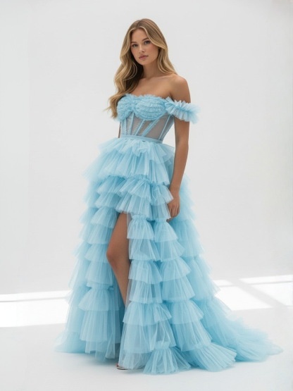 Blue Off the Shoulder Ruffle Tiered Tulle Long Prom Dresses with Slit