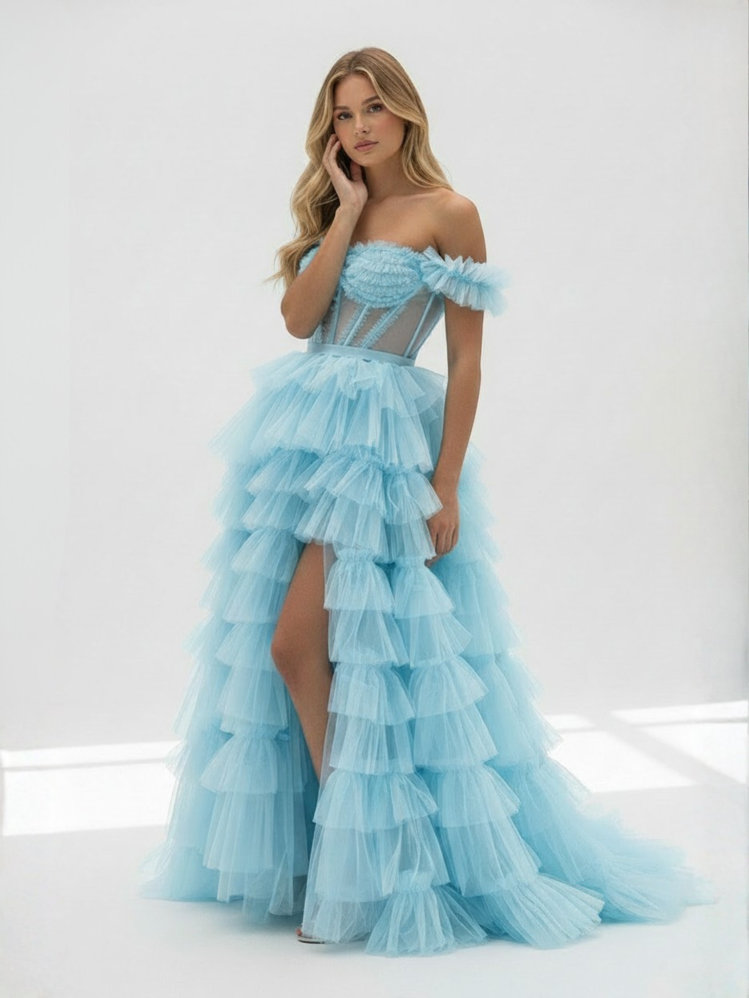 Blue Off the Shoulder Ruffle Tiered Tulle Long Prom Dresses with Slit