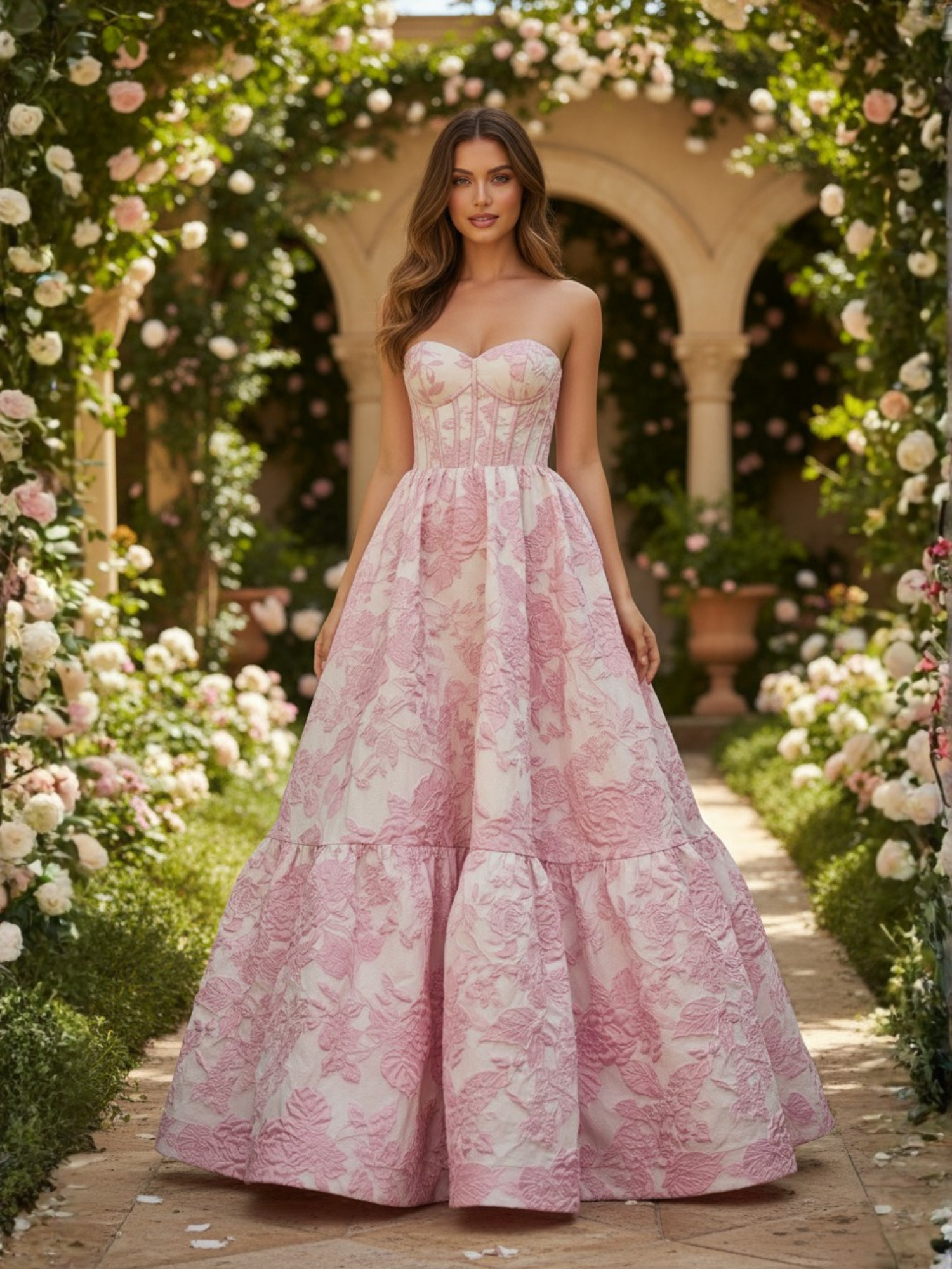 Pink A-Line Sweetheart Floral Printed Long Prom Dress