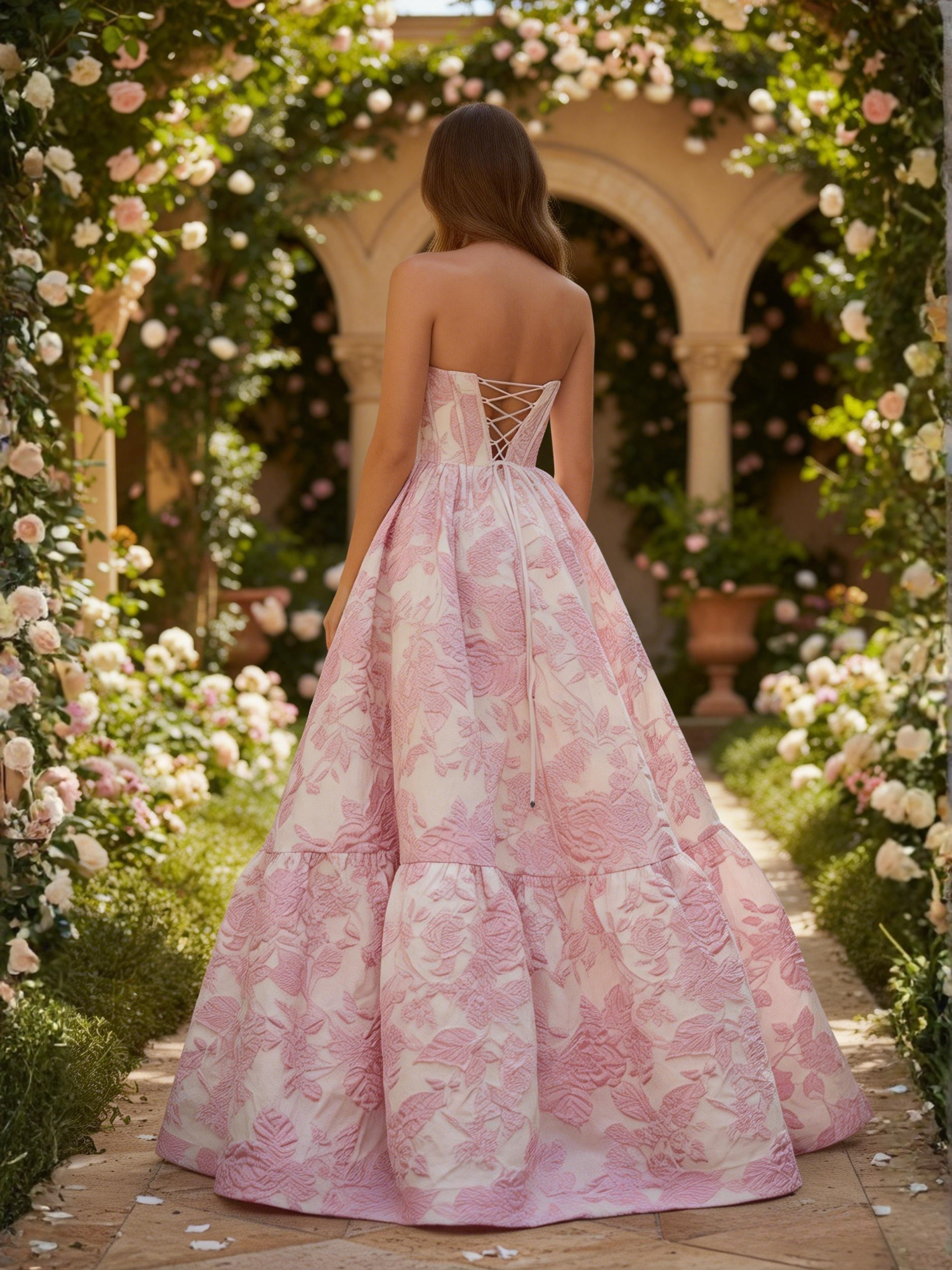 Pink A-Line Sweetheart Floral Printed Long Prom Dress