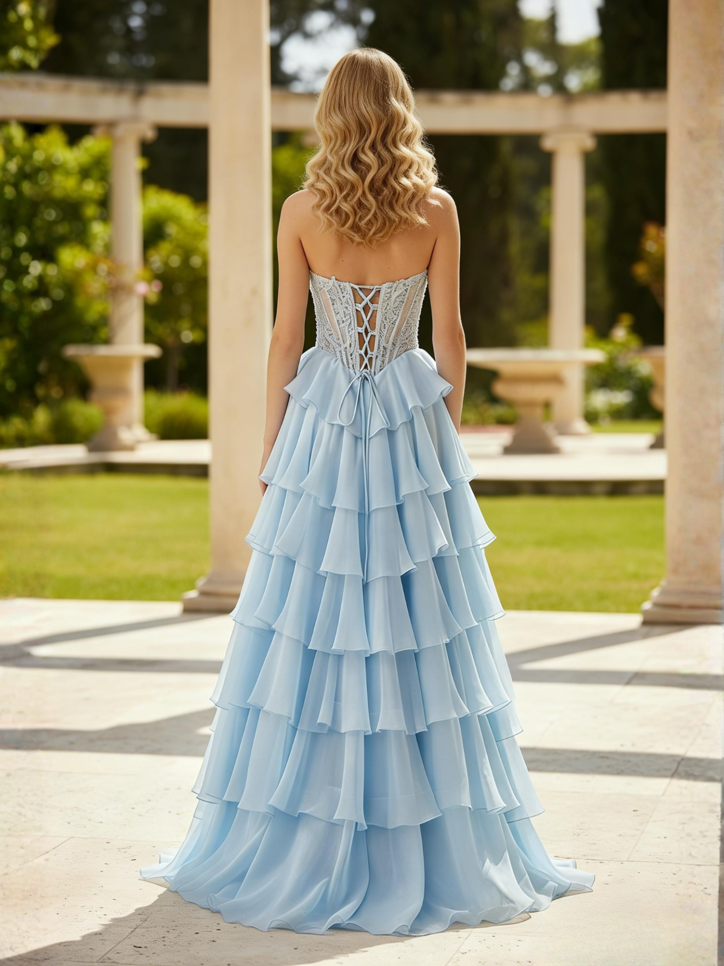 Sky Blue Strapless A-Line Chiffon Ruffled Prom Dresses With Appliques