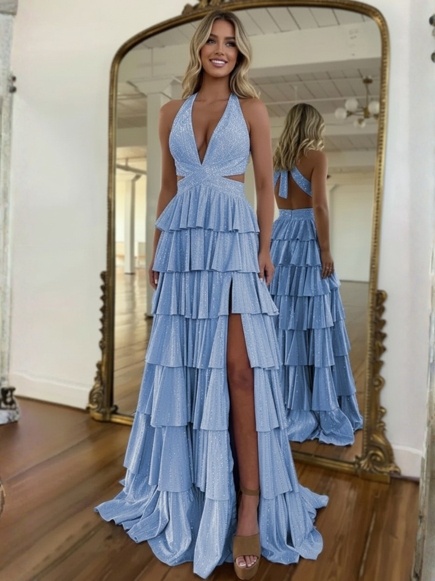 Light Blue Sequin Tiered Ruffles A-Line V Neck Prom Dresses With Slit