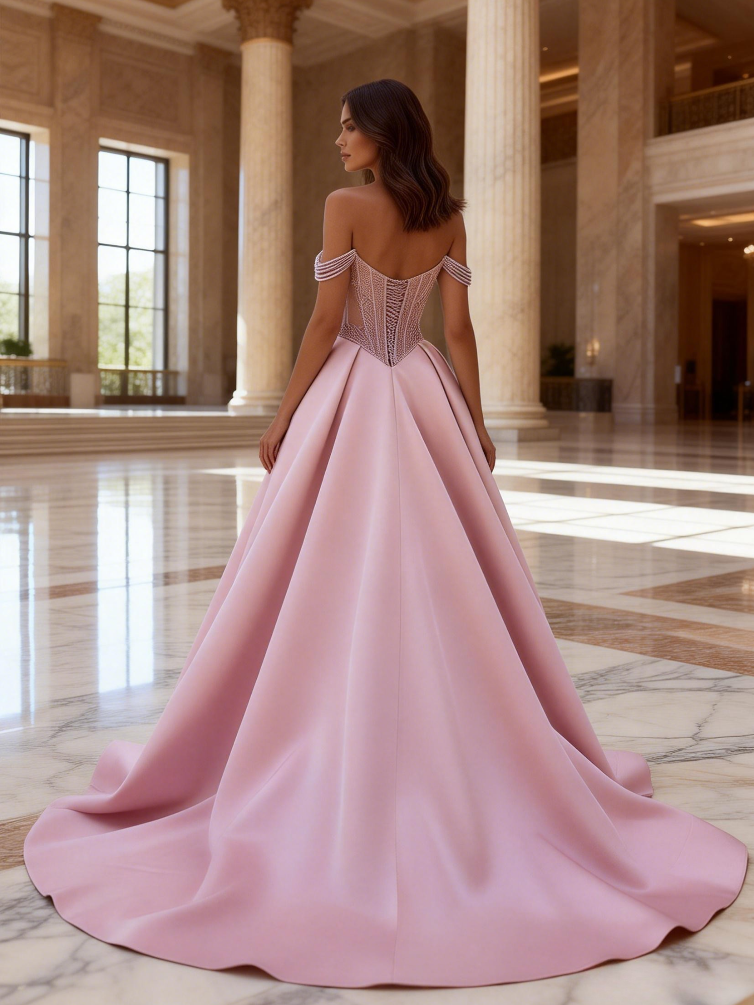 Pink Off-the-Shoulder Beaded Prom Dress with Side Slit