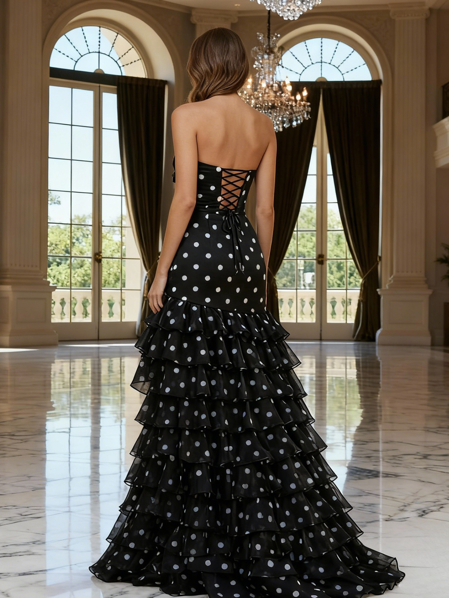 Black Polka Dot Tiered Ruffle A-Line Prom Dress With Bow
