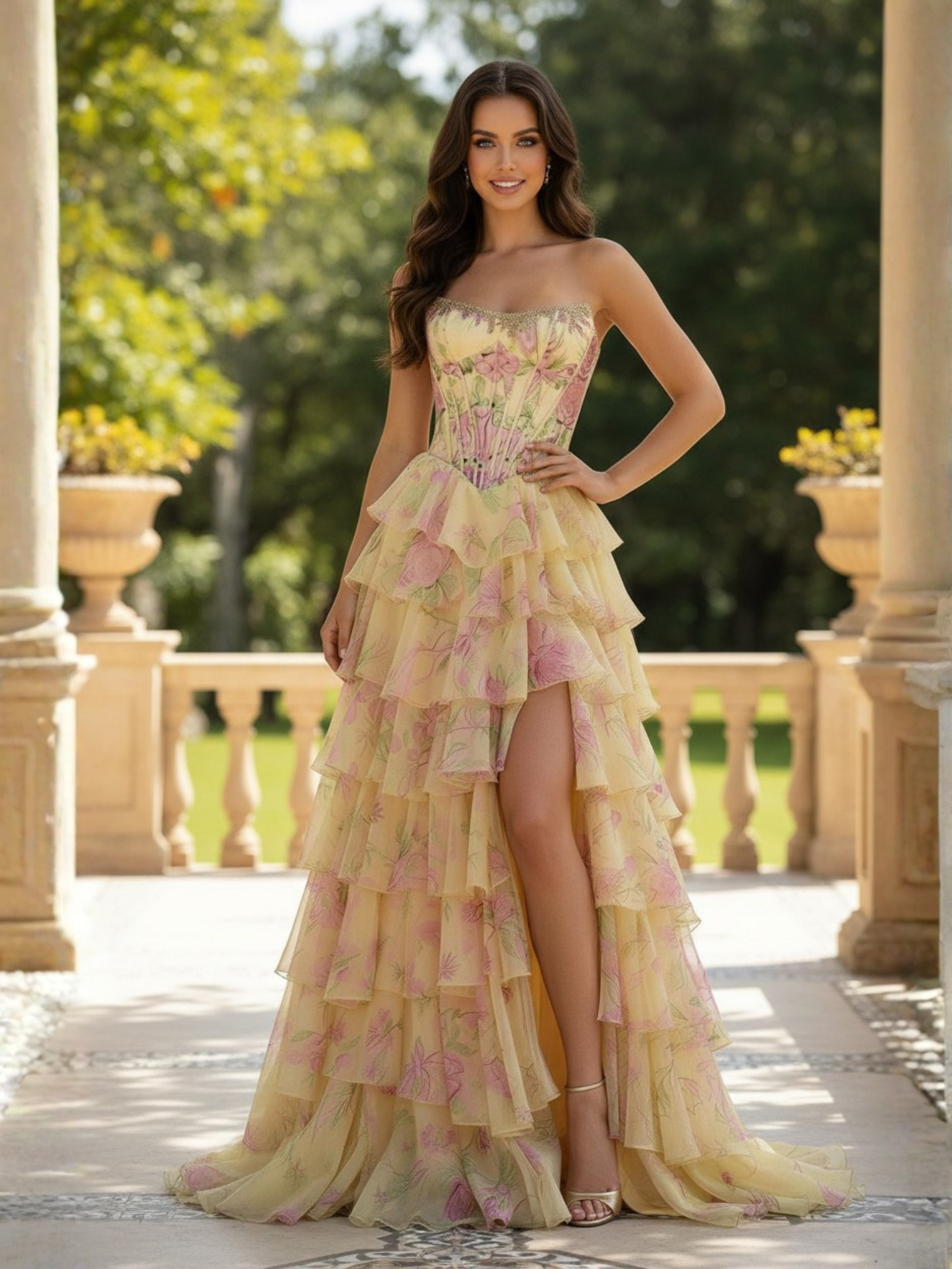 Yellow Floral Print A-Line Strapless Tiered Ruffled Prom Dress with Slit