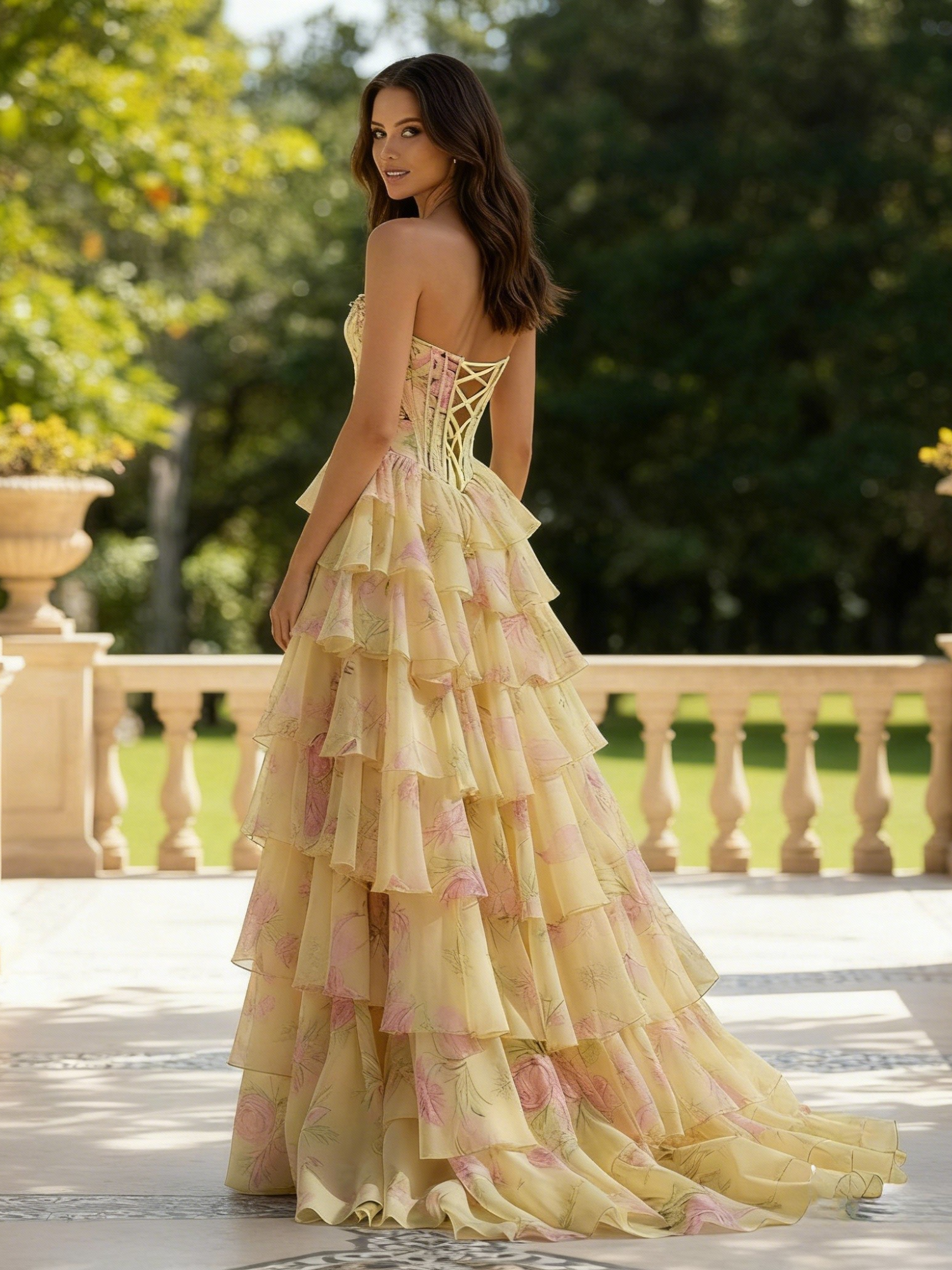 Yellow Floral Print A-Line Strapless Tiered Ruffled Prom Dress with Slit