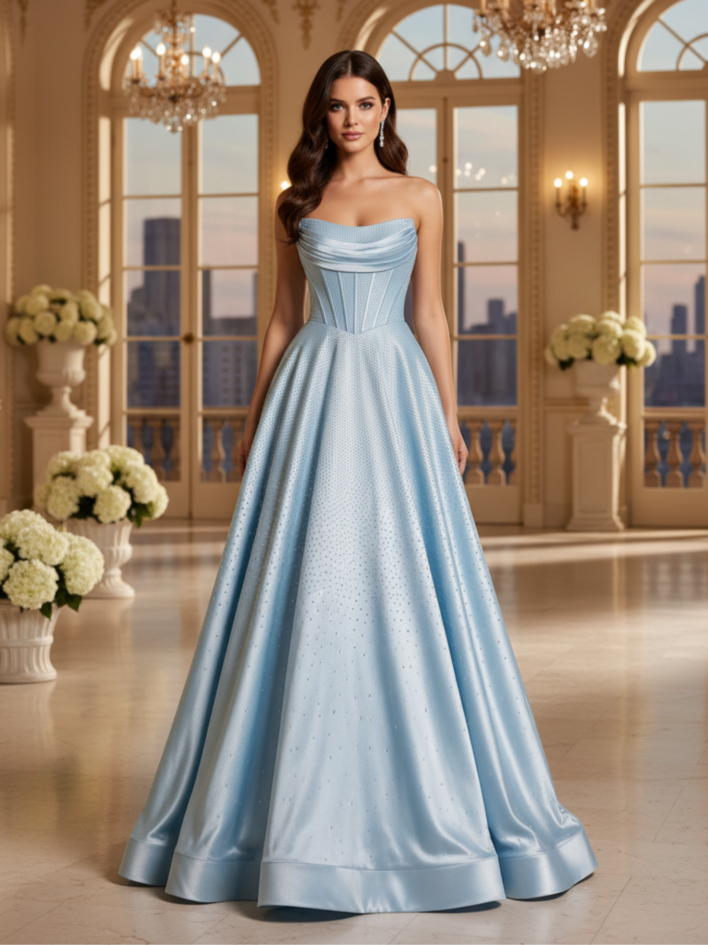 Sky Blue Strapless A-Line Prom Dresses with Rhinestones Embellishments