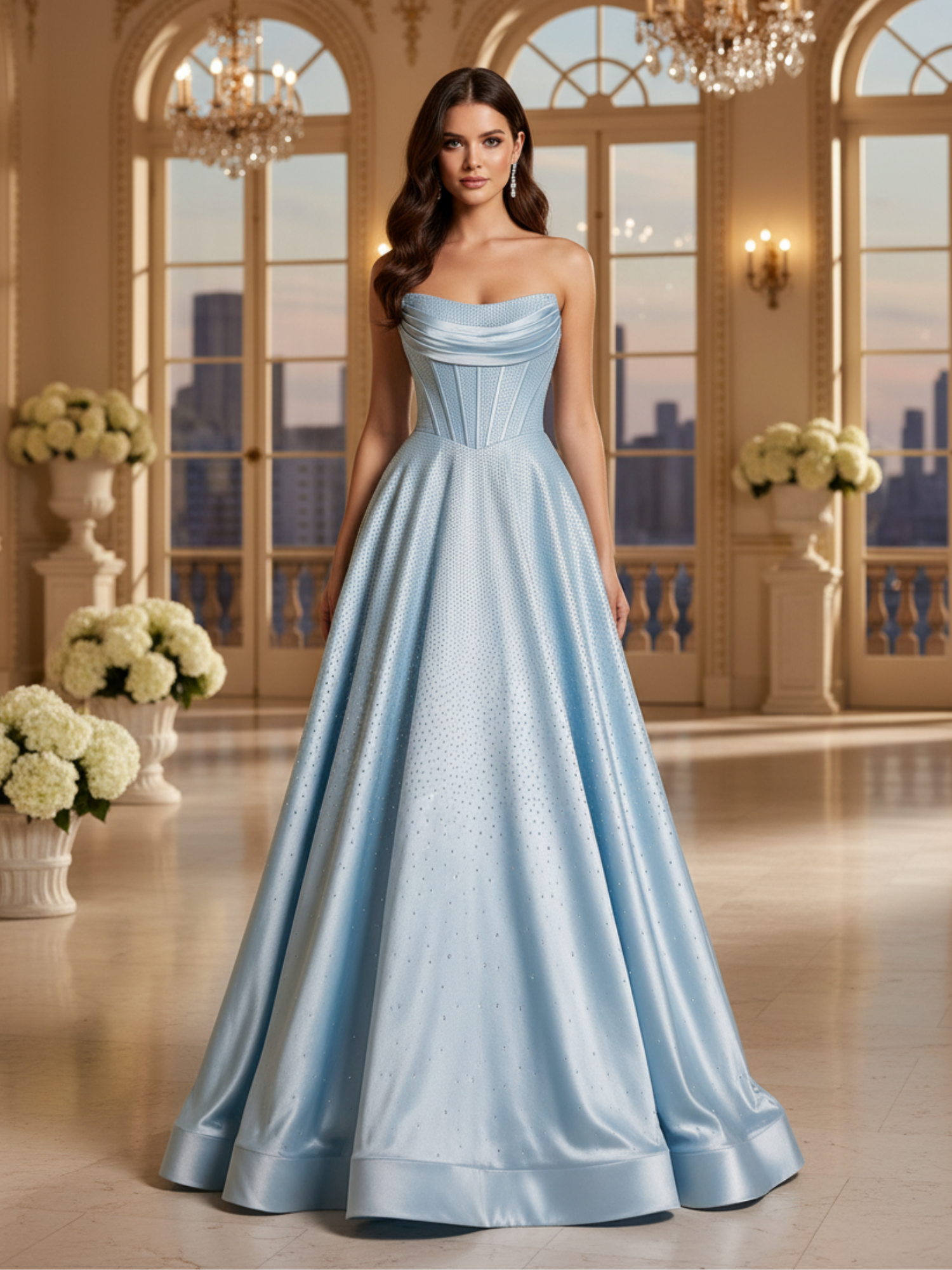 Sky Blue Strapless A-Line Prom Dresses with Rhinestones Embellishments