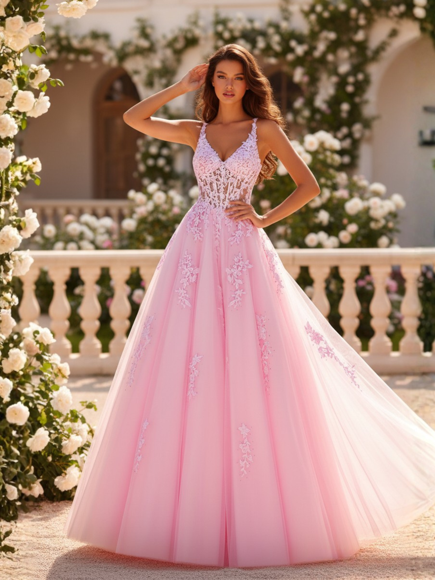 Pink A-Line Floral Embroidered Ball Gown Prom Dress