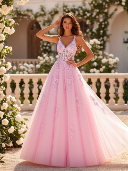 Pink A-Line Floral Embroidered Ball Gown Prom Dress