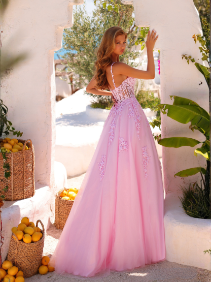 Pink A-Line Floral Embroidered Ball Gown Prom Dress