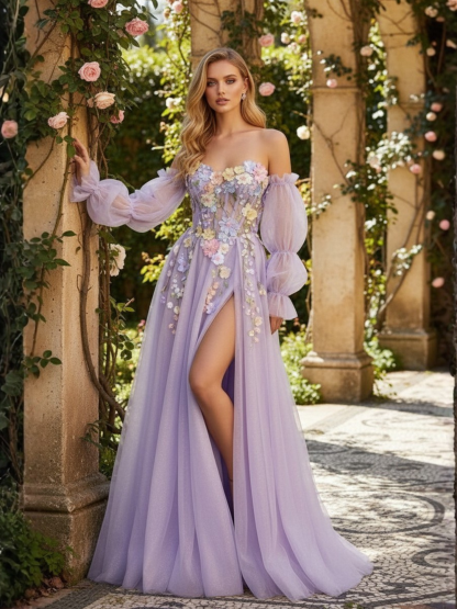 Lavender A-Line Strapless Tulle Prom Dress with 3D Flowers