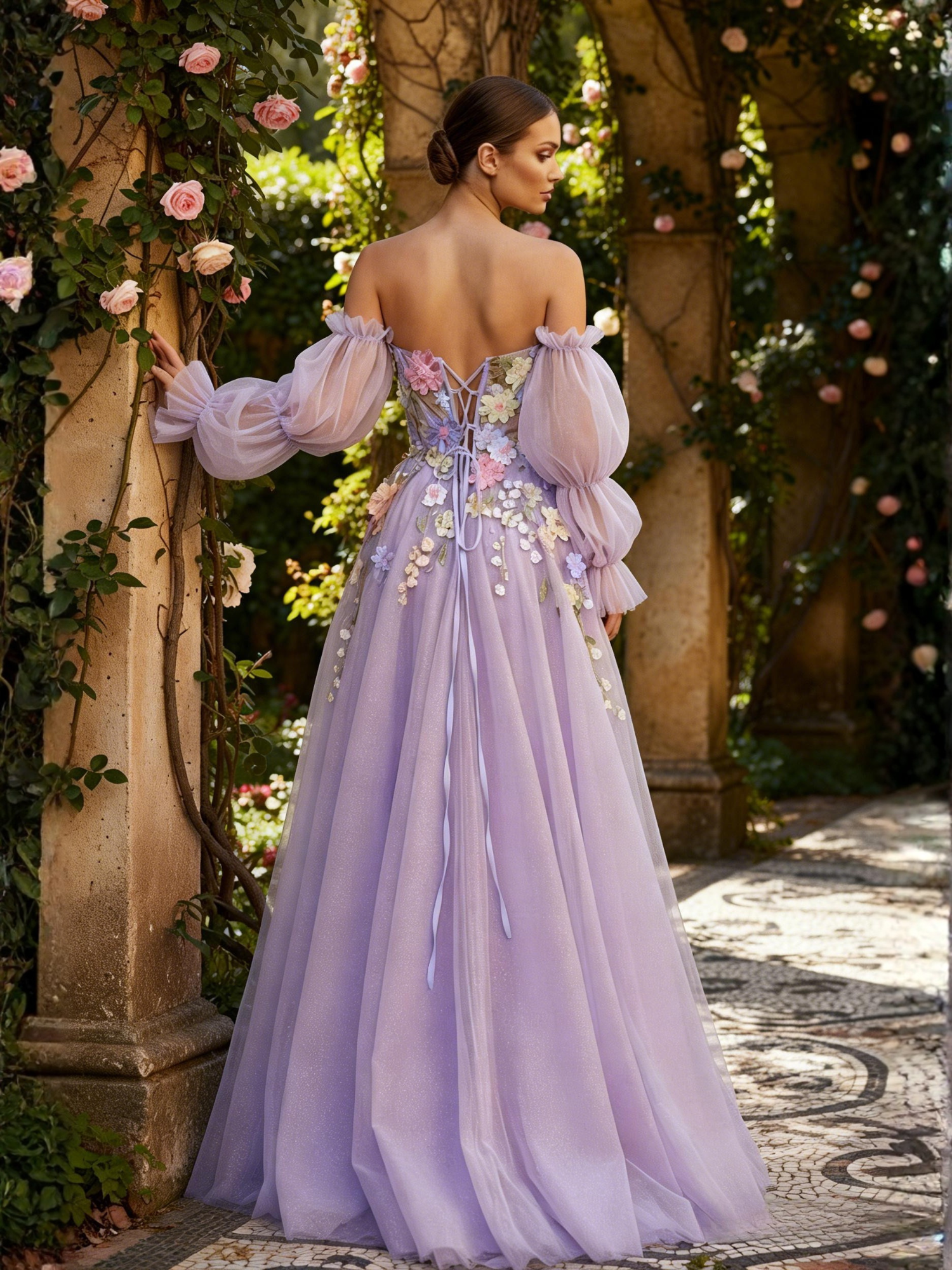 Lavender A-Line Strapless Tulle Prom Dress with 3D Flowers