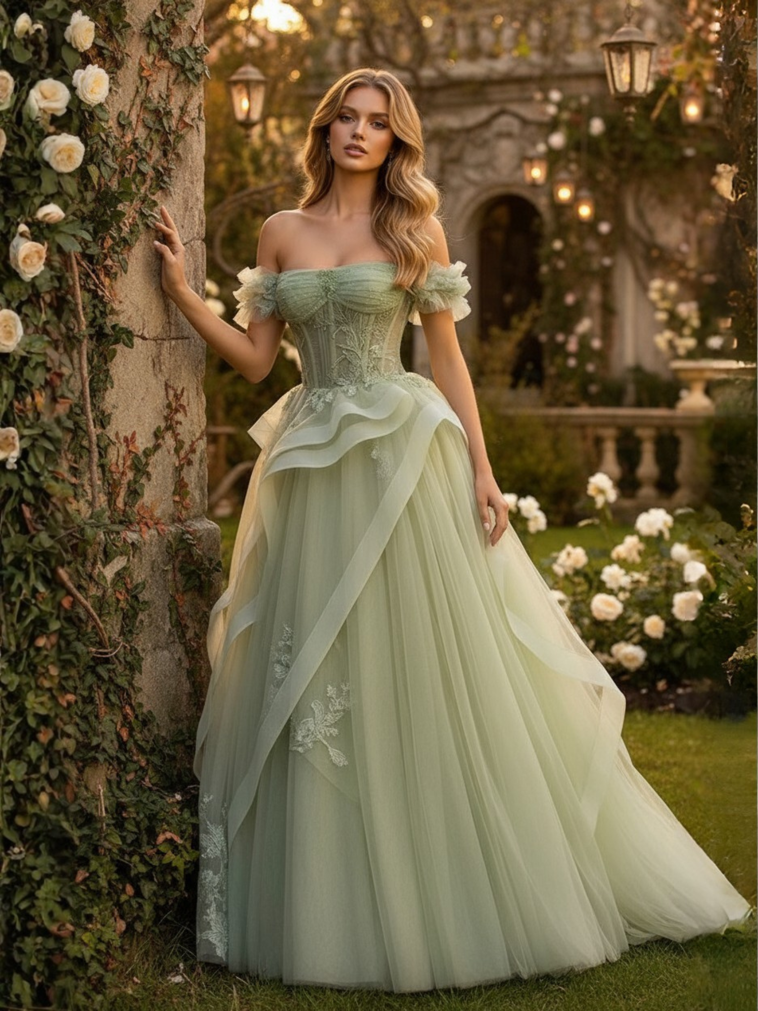 Green Off-the-Shoulder A-Line Tulle Ball Gown with Ruffled Sleeves and Floral Embroidery