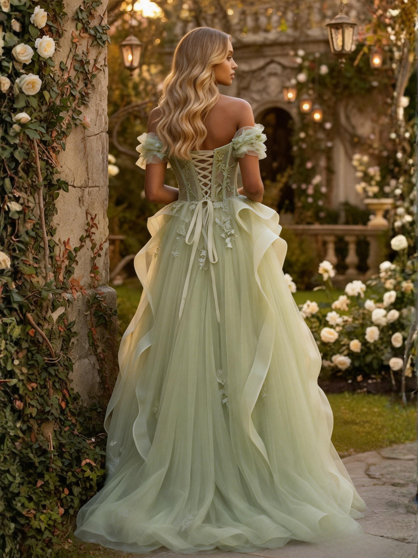 Green Off-the-Shoulder A-Line Tulle Ball Gown with Ruffled Sleeves and Floral Embroidery