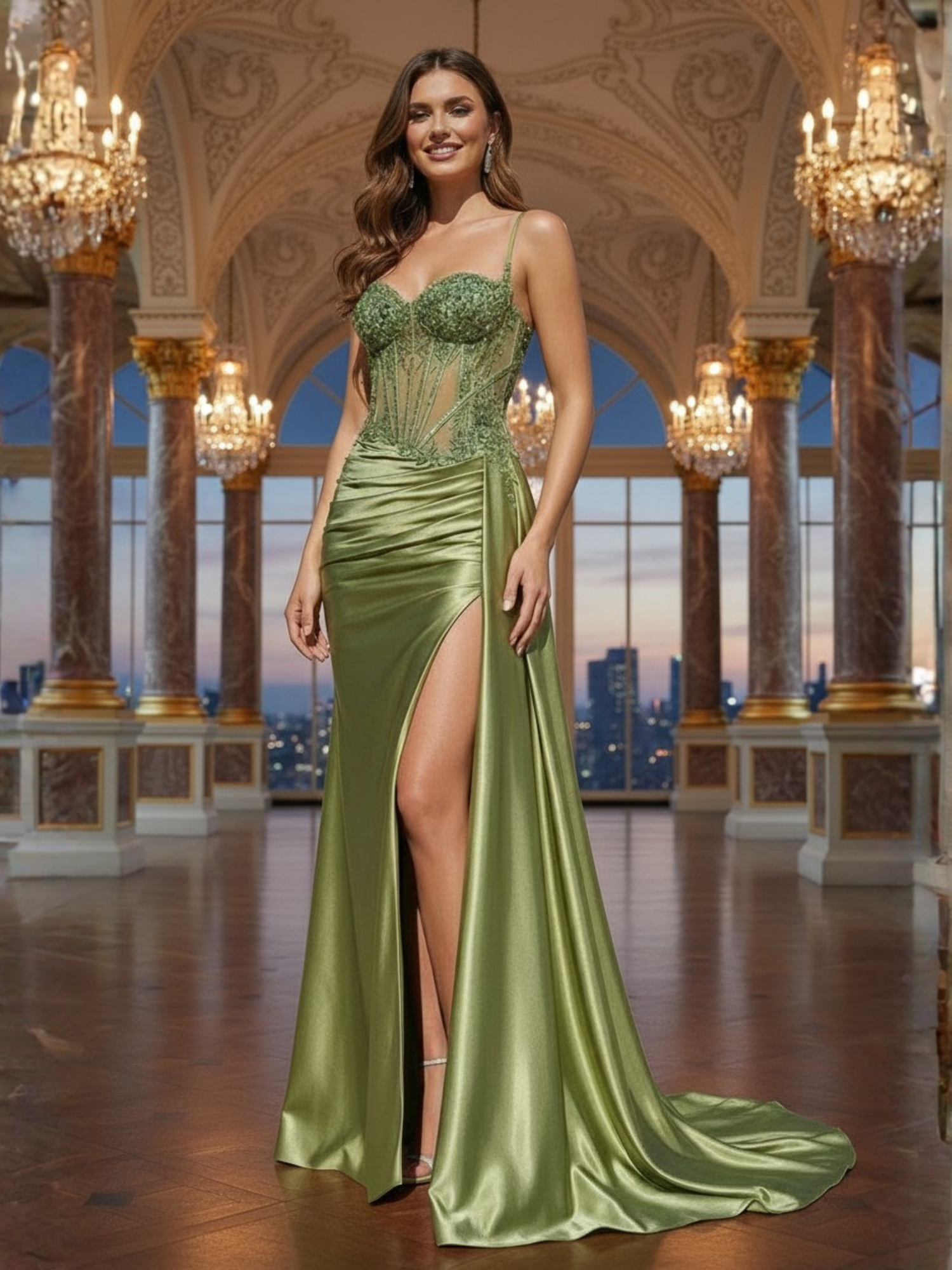 Green Satin Spaghetti Straps Mermaid Prom Dress withSide Slit