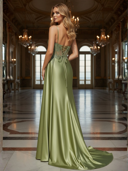 Green Satin Spaghetti Straps Mermaid Prom Dress withSide Slit