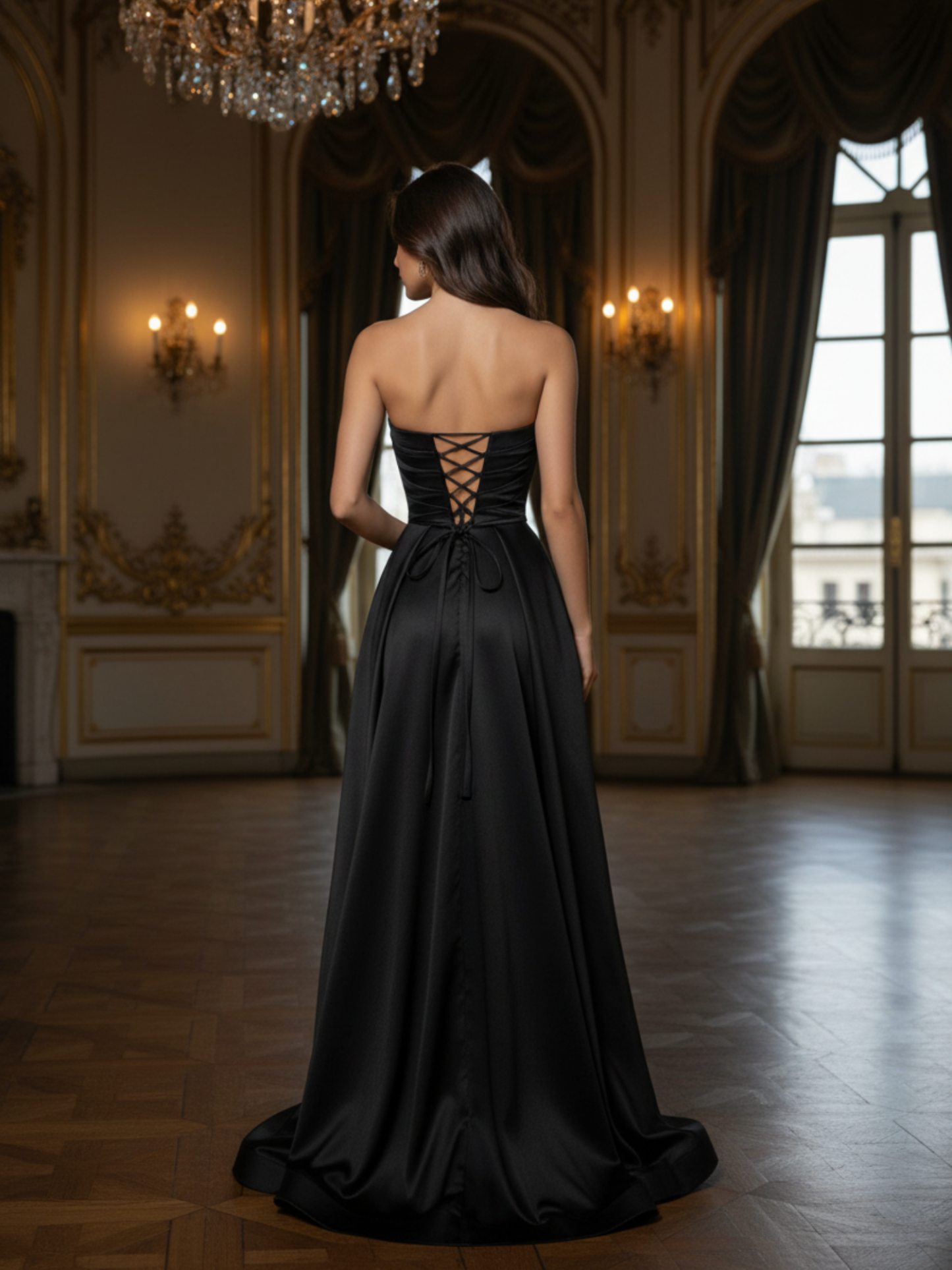 Black Satin A-Line Strapless Mermaid Prom Dress with High Side Slit