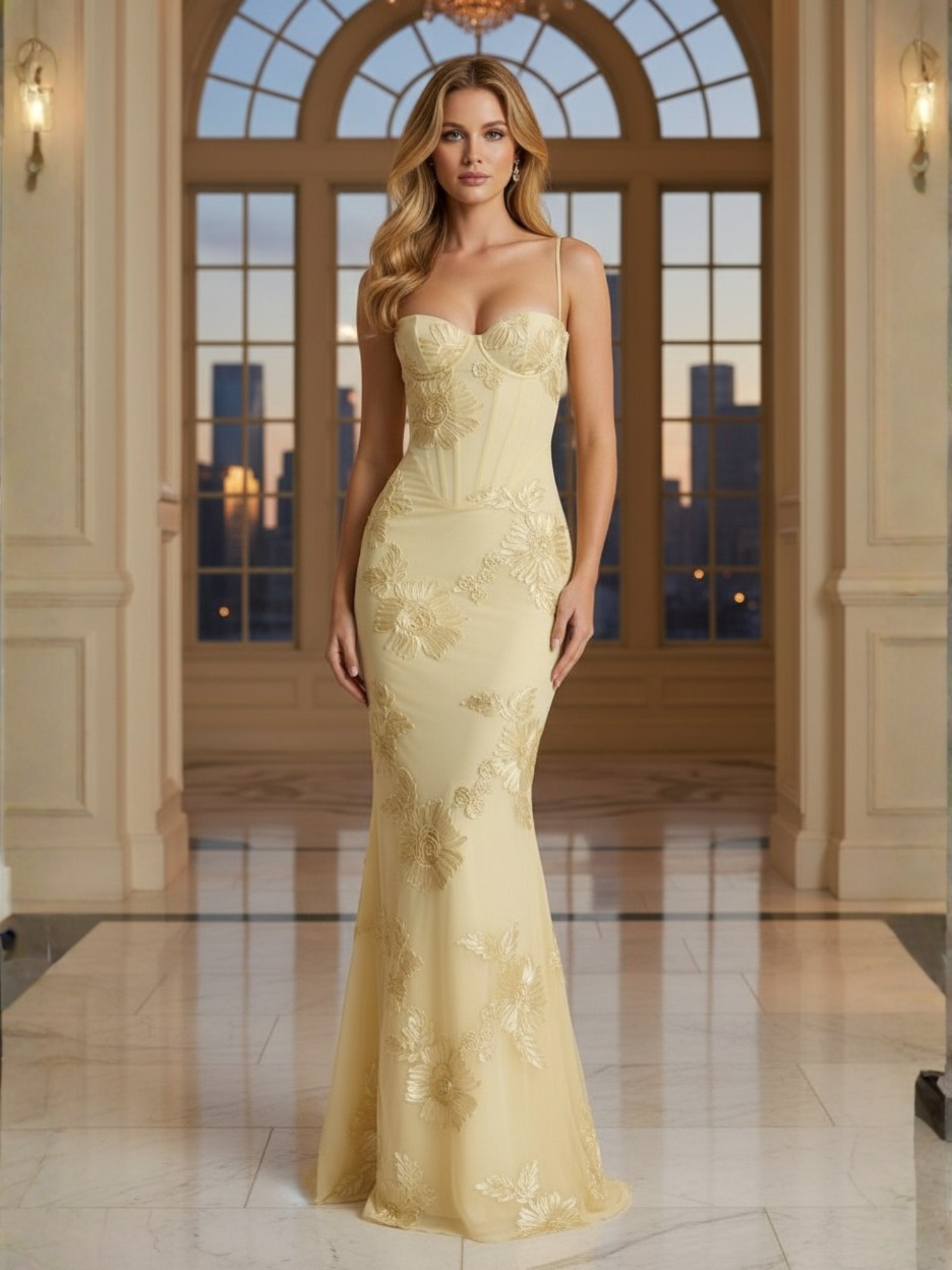 Yellow Spaghetti Straps Mermaid Long Prom Dresses With Floral Embroidery