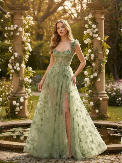 Sage Green Butterfly Lace A-Line Prom Dress with Slit