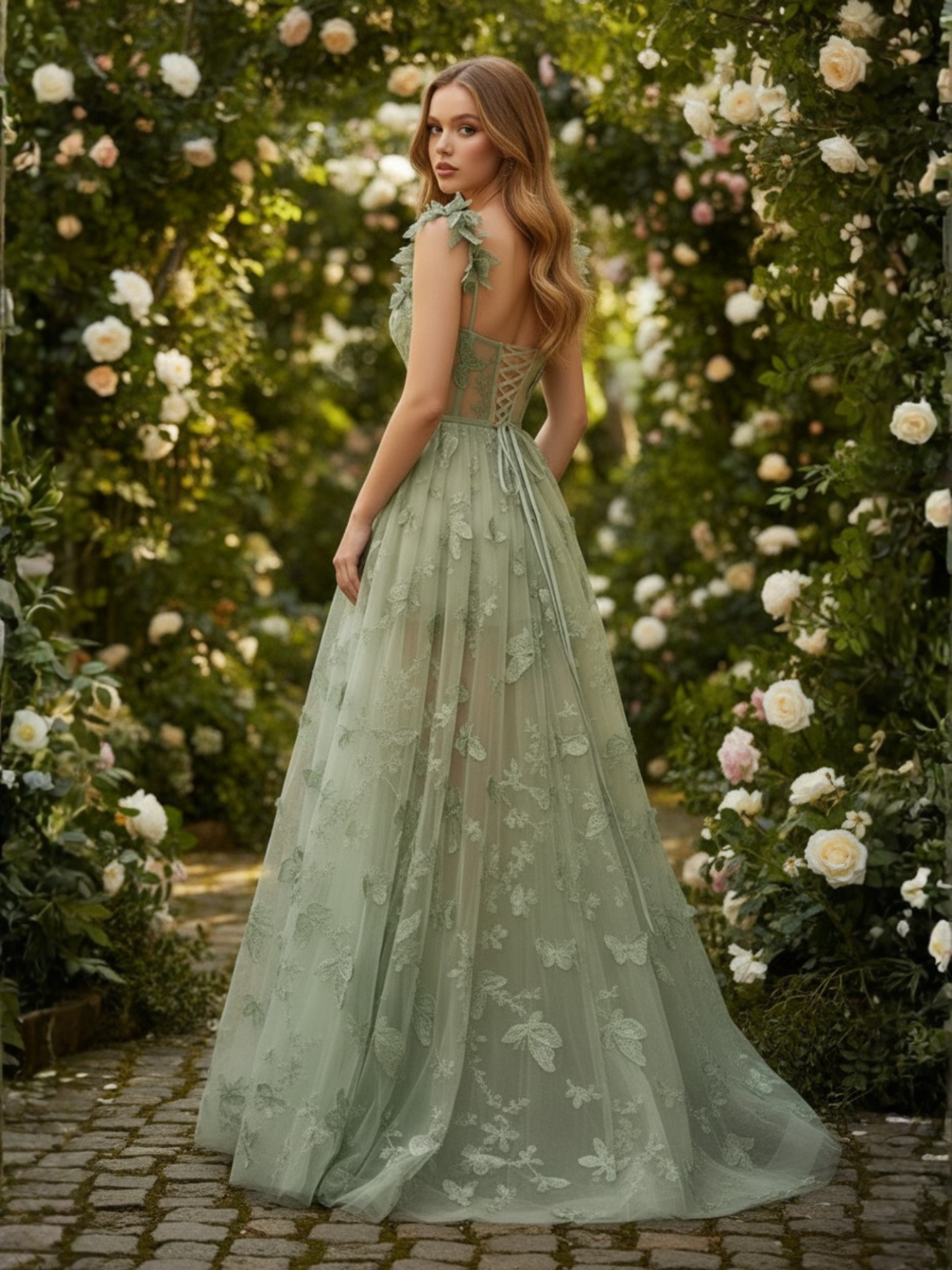 Sage Green Butterfly Lace A-Line Prom Dress with Slit