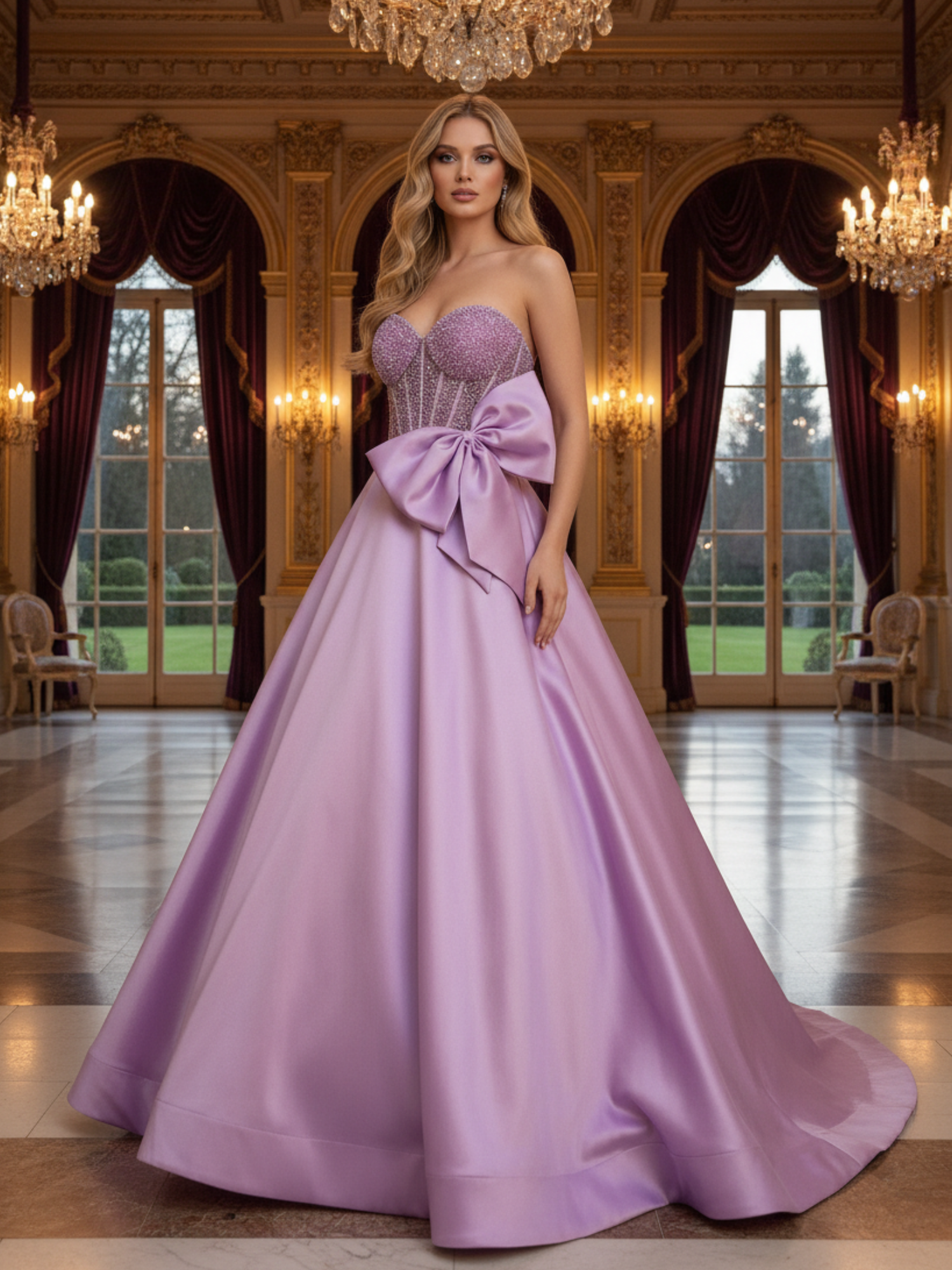 Lavender Sequin A-Line Sweetheart Prom Dress with Bow and Train