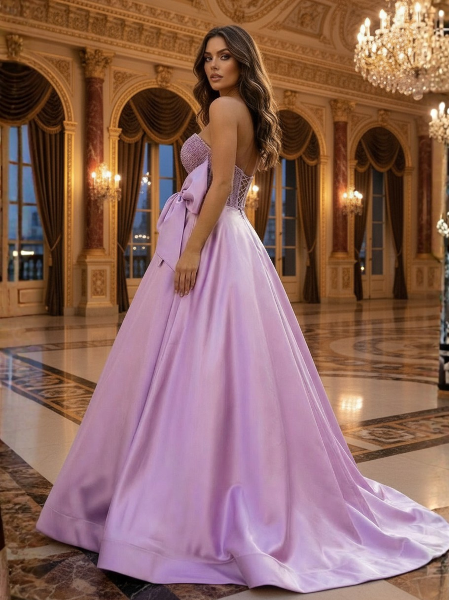 Lavender Sequin A-Line Sweetheart Prom Dress with Bow and Train