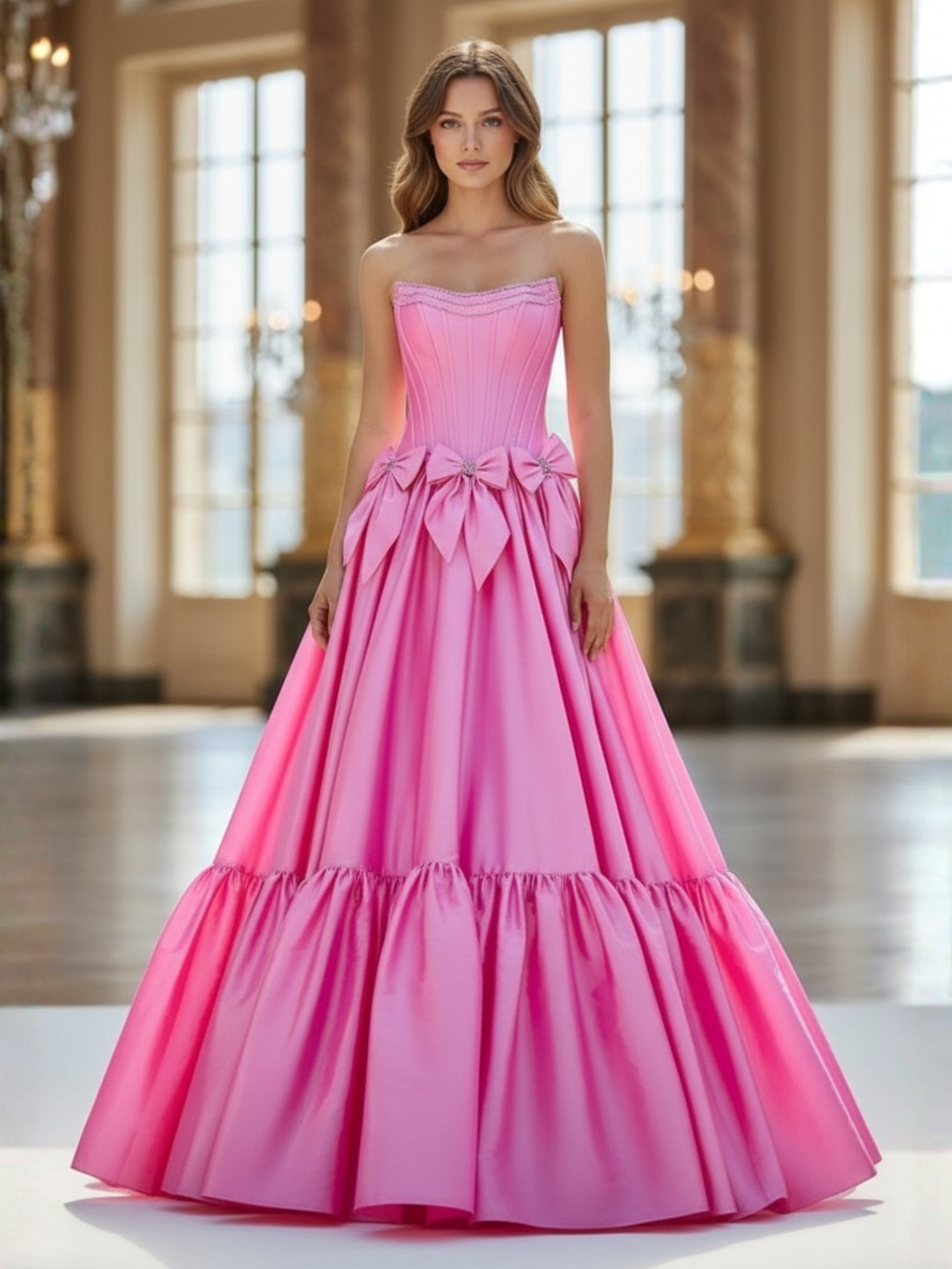 Pink Satin Strapless Scoop Neck Long Prom Dress with Bow Knots