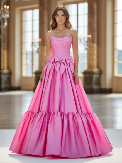 Pink Satin Strapless Scoop Neck Long Prom Dress with Bow Knots
