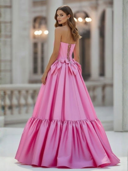 Pink Satin Strapless Scoop Neck Long Prom Dress with Bow Knots