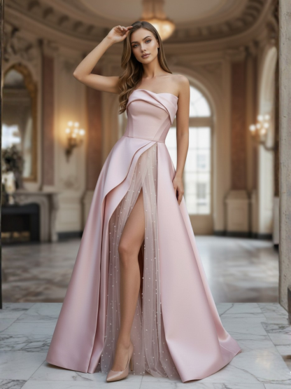 Pink Satin A-Line Floor-Length Evening Gown Slit with Tulle Strapless Prom Dress