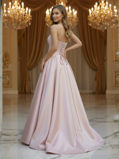 Pink Satin A-Line Floor-Length Evening Gown Slit with Tulle Strapless Prom Dress