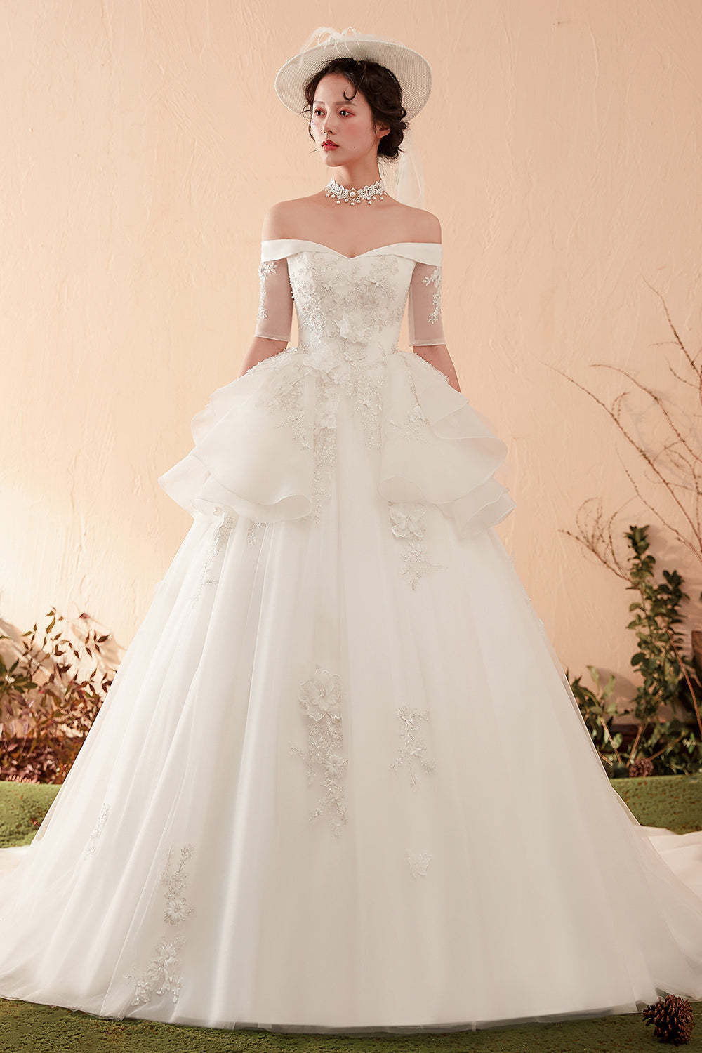 Lindonoiva Women Exquisite Off-Shoulder Ball Gown Wedding Dress with Floral Lace Embellishments