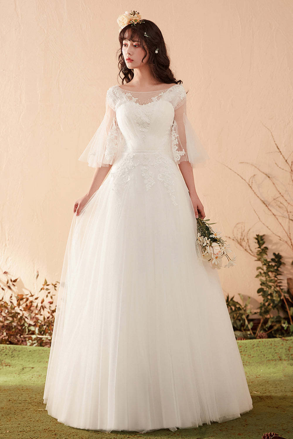 Romantic A-Line Wedding Dress with Illusion Neckline and Bell Sleeves