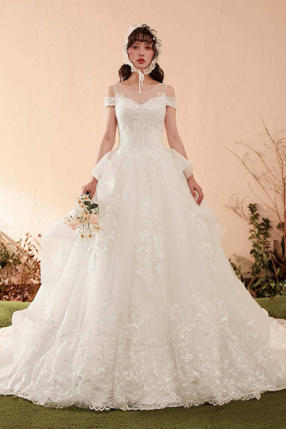 Lindonoiva Women Elegant Off-Shoulder A-Line Wedding Gown with Lace Embroidery and Chapel Train