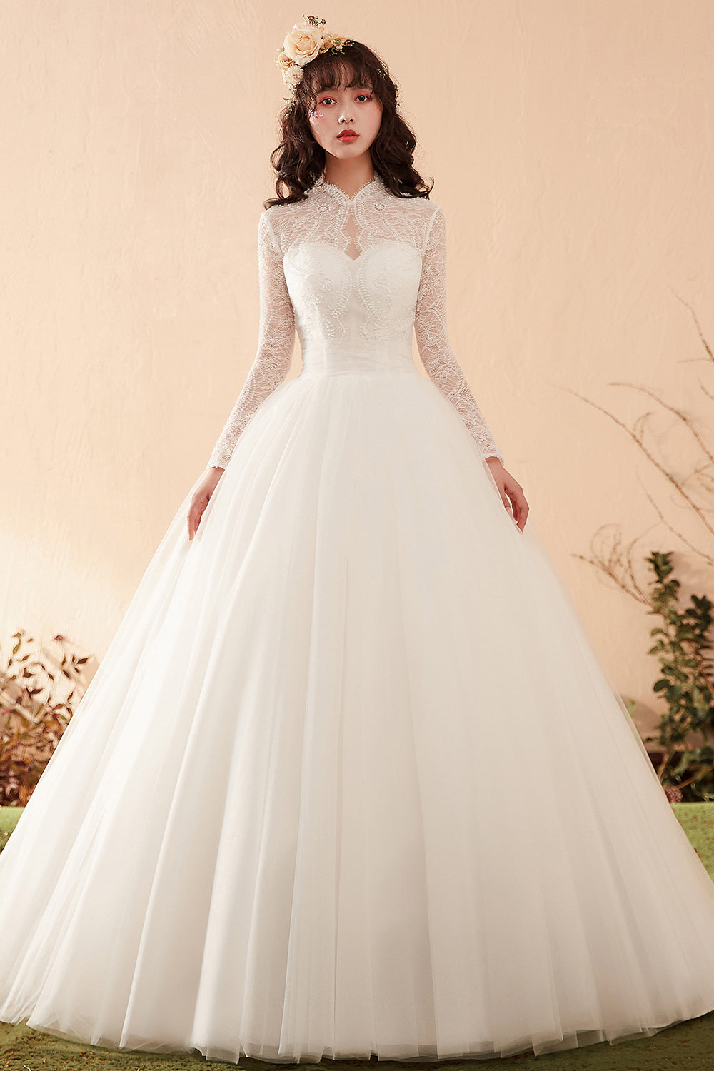 Timeless Graceful High-Neck Lace Bridal Gown with Long Sleeves