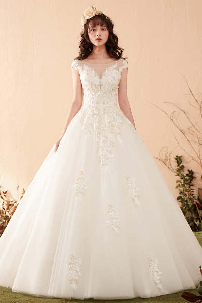 Elegant Floral Lace Ball Gown Wedding Dress with Illusion Neckline