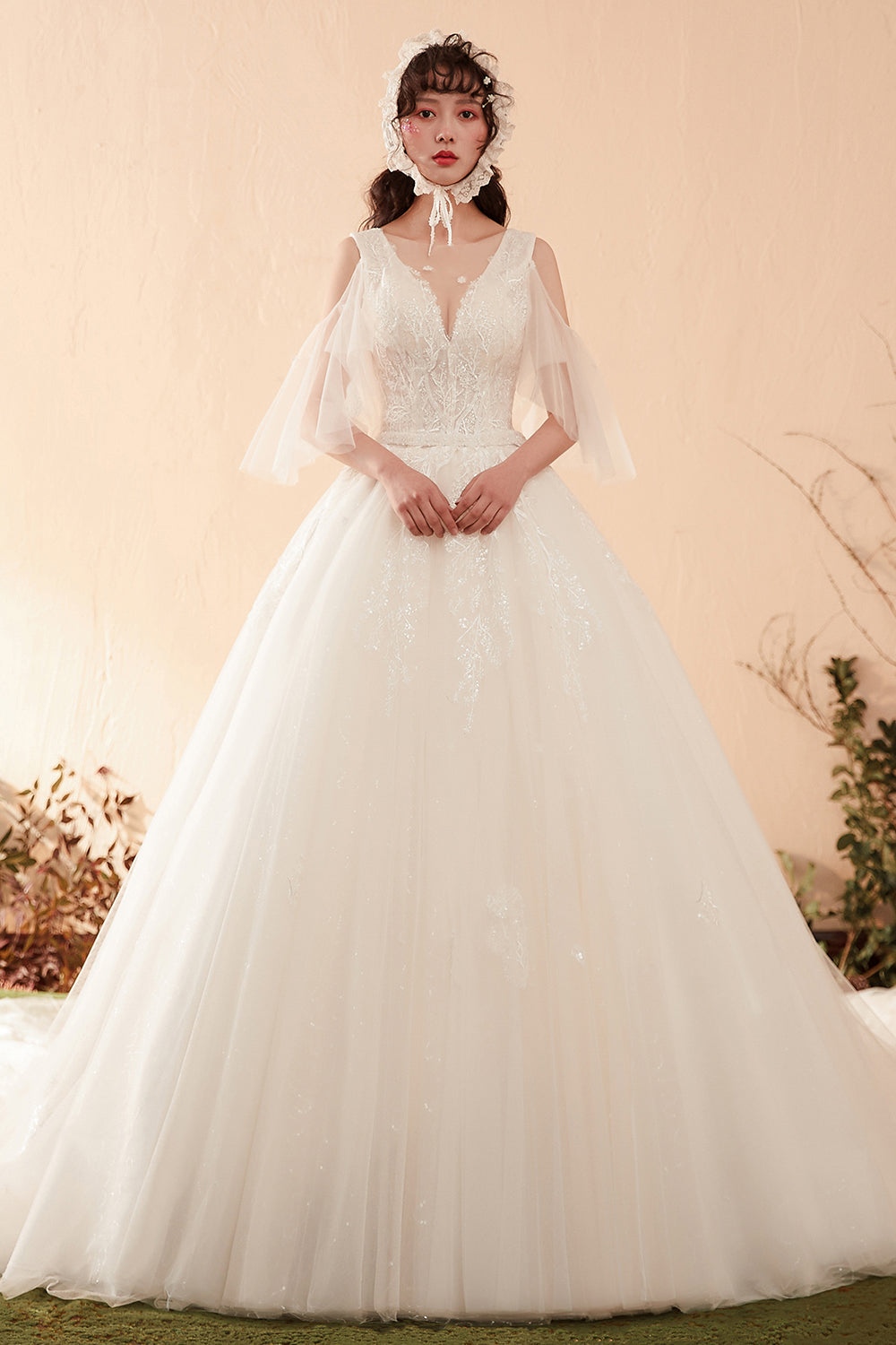 Enchanting Romantic Vintage Lace Bridal Gown with Sheer Flutter Sleeves