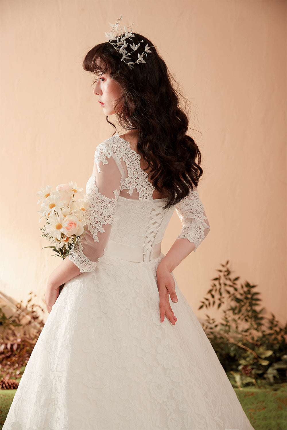 Graceful Lace Overlay A-Line Wedding Dress with 3/4 Sleeves