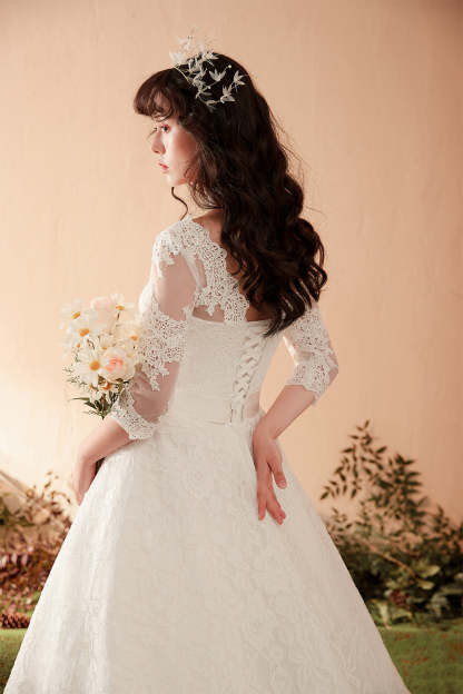 Graceful Lace Overlay A-Line Wedding Dress with 3/4 Sleeves
