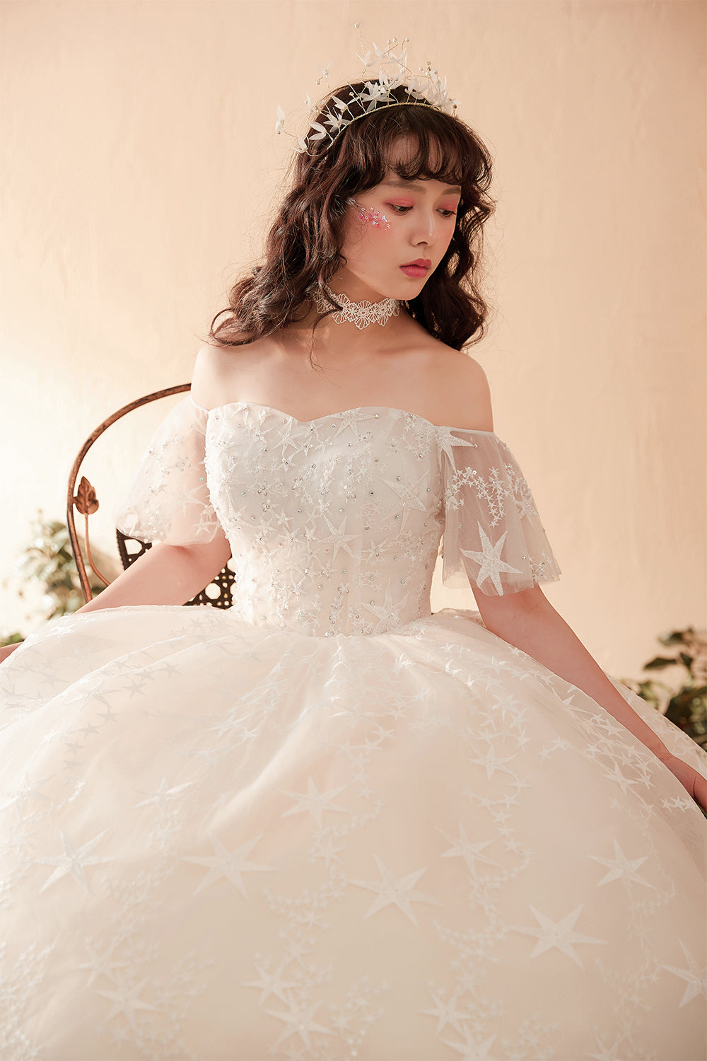 Ethereal Off-Shoulder Ball Gown Wedding Dress with Starry Embroidery