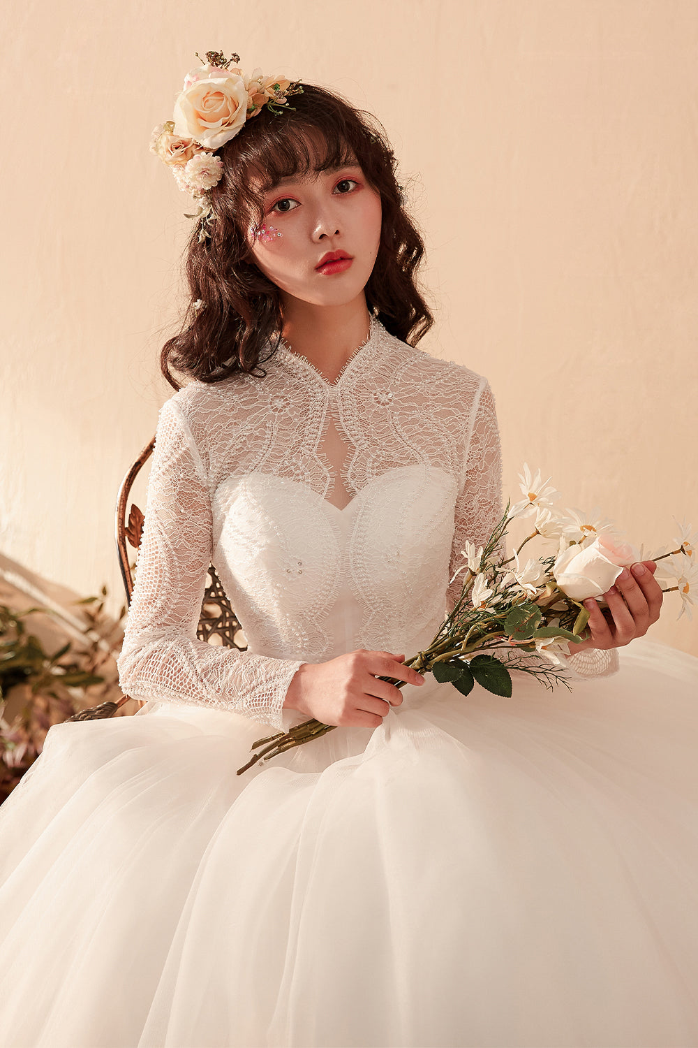 Timeless Graceful High-Neck Lace Bridal Gown with Long Sleeves