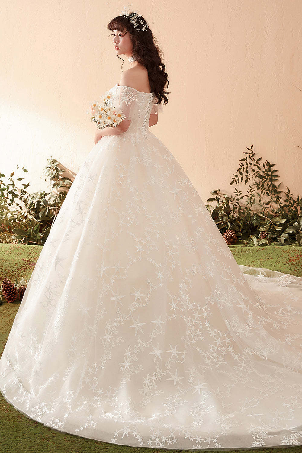 Ethereal Off-Shoulder Ball Gown Wedding Dress with Starry Embroidery