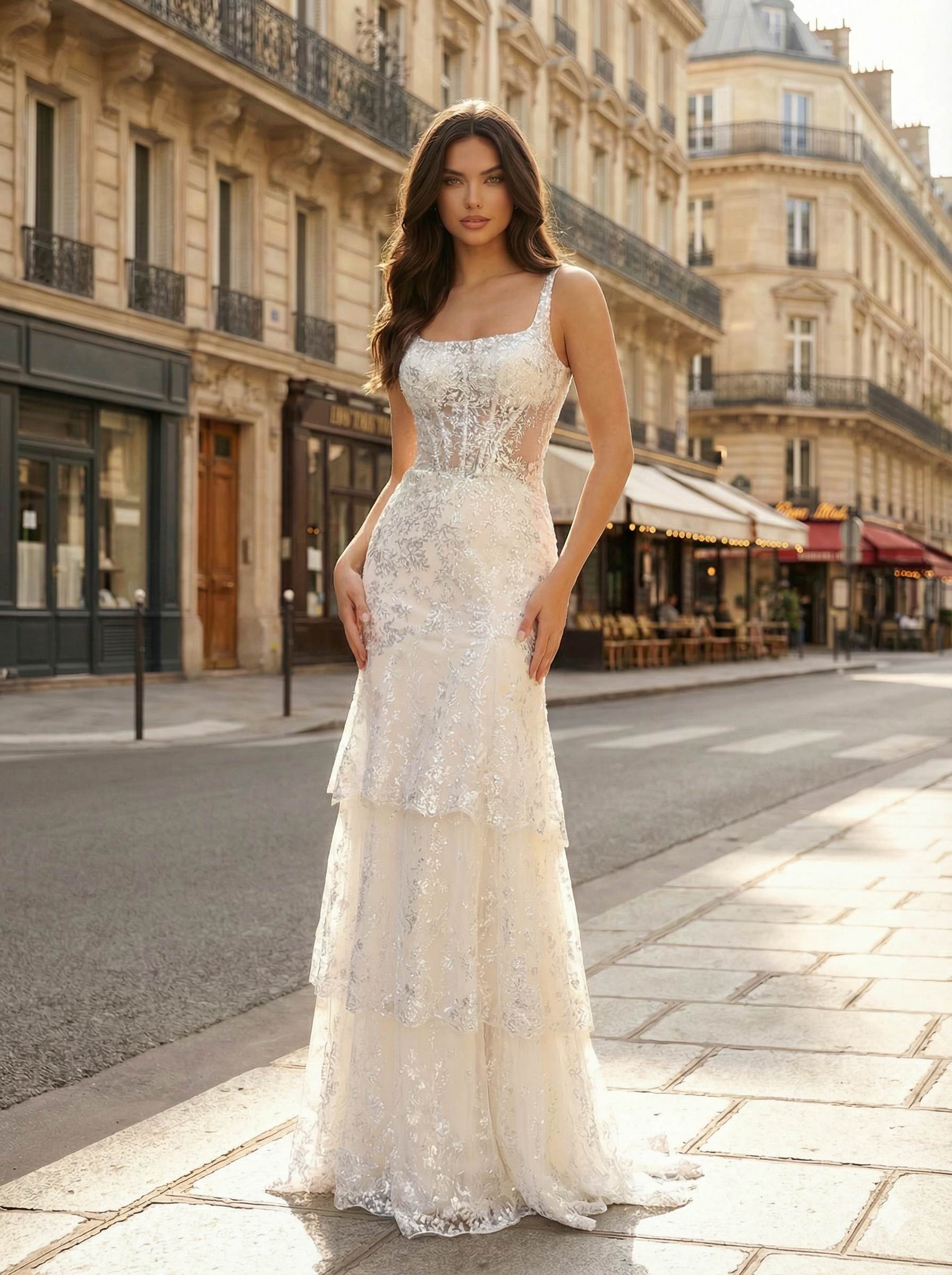  White Sequin Lace Mermaid Prom Dress with Slit