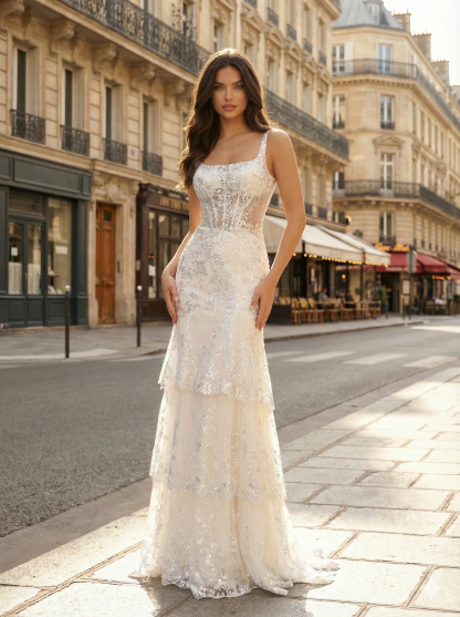  White Sequin Lace Mermaid Prom Dress with Slit