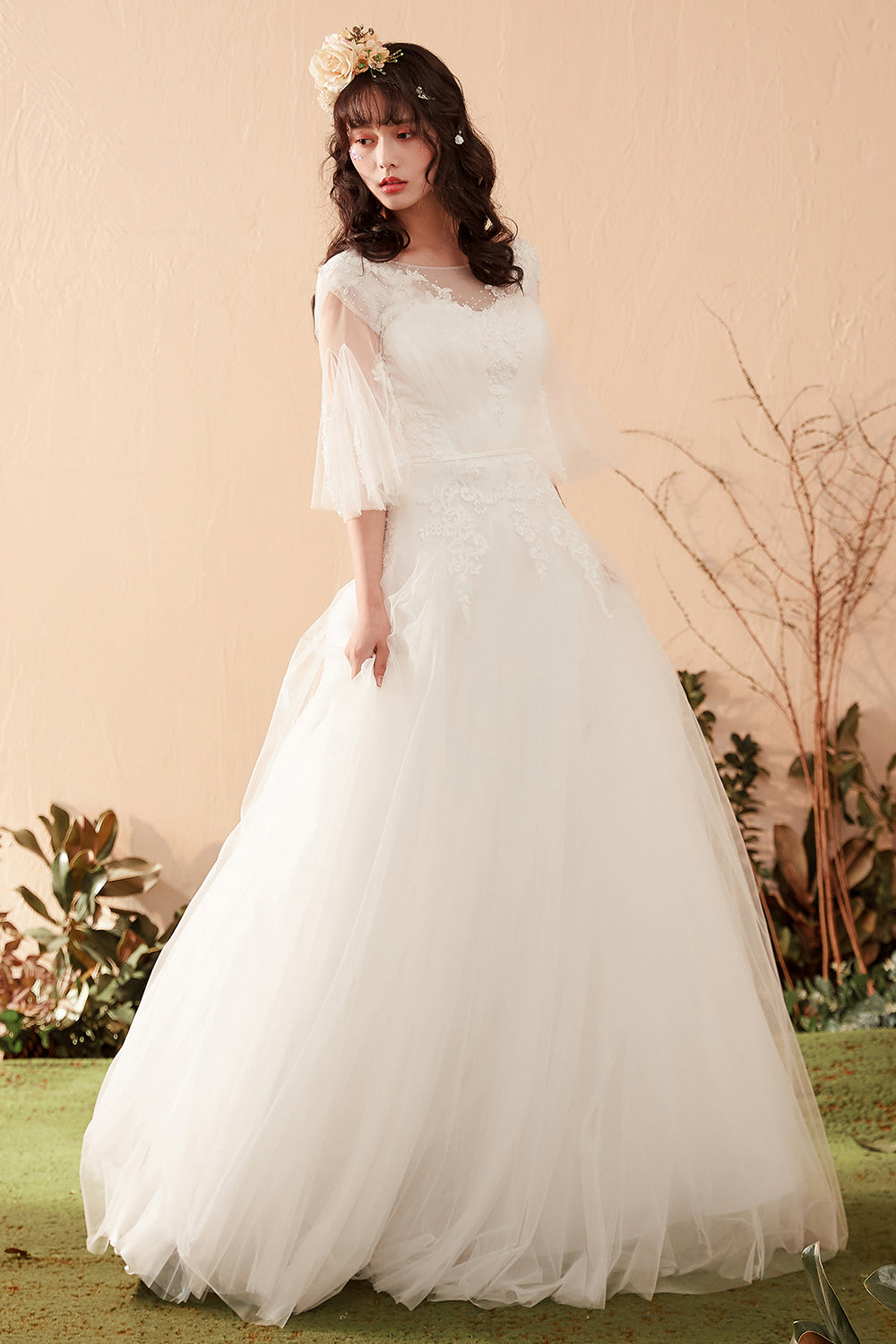 Romantic A-Line Wedding Dress with Illusion Neckline and Bell Sleeves